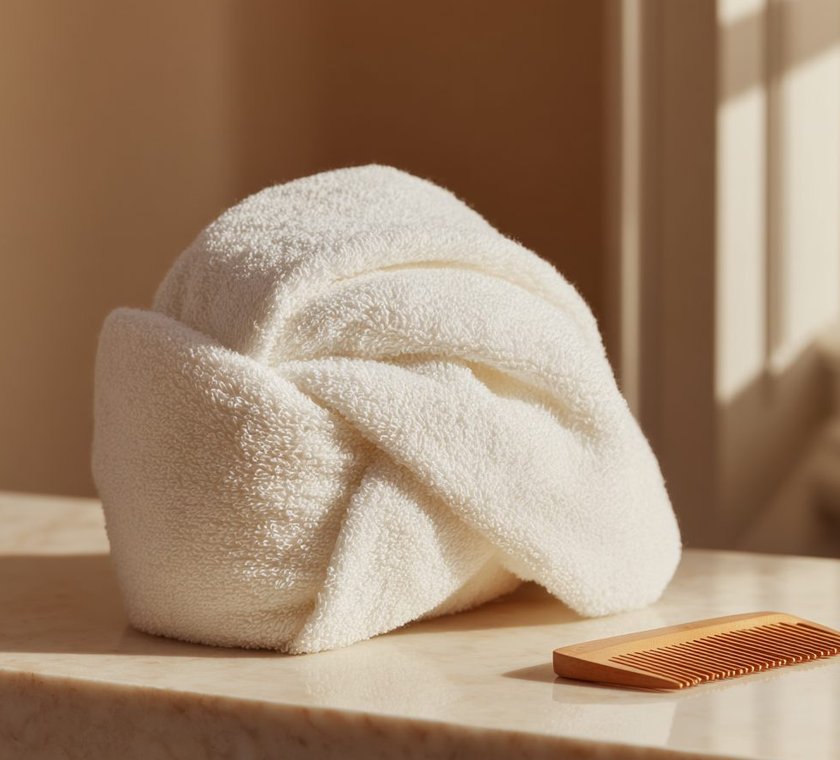 Plush white towel wrap on a vanity